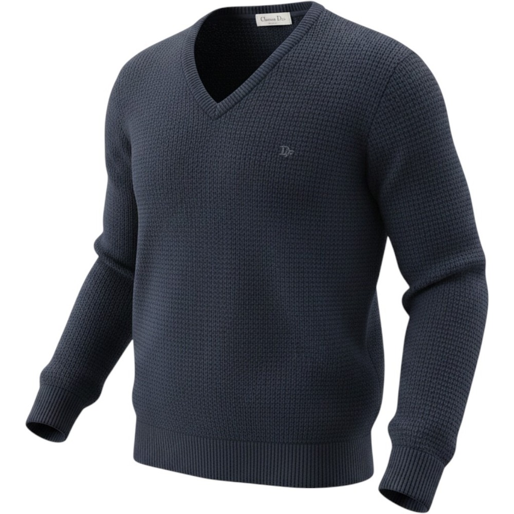 Vintage Christian Dior Monsieur Men Navy Blue V-Neck Waffle Knit Sweater MEDIUM - Picture 1 of 6
